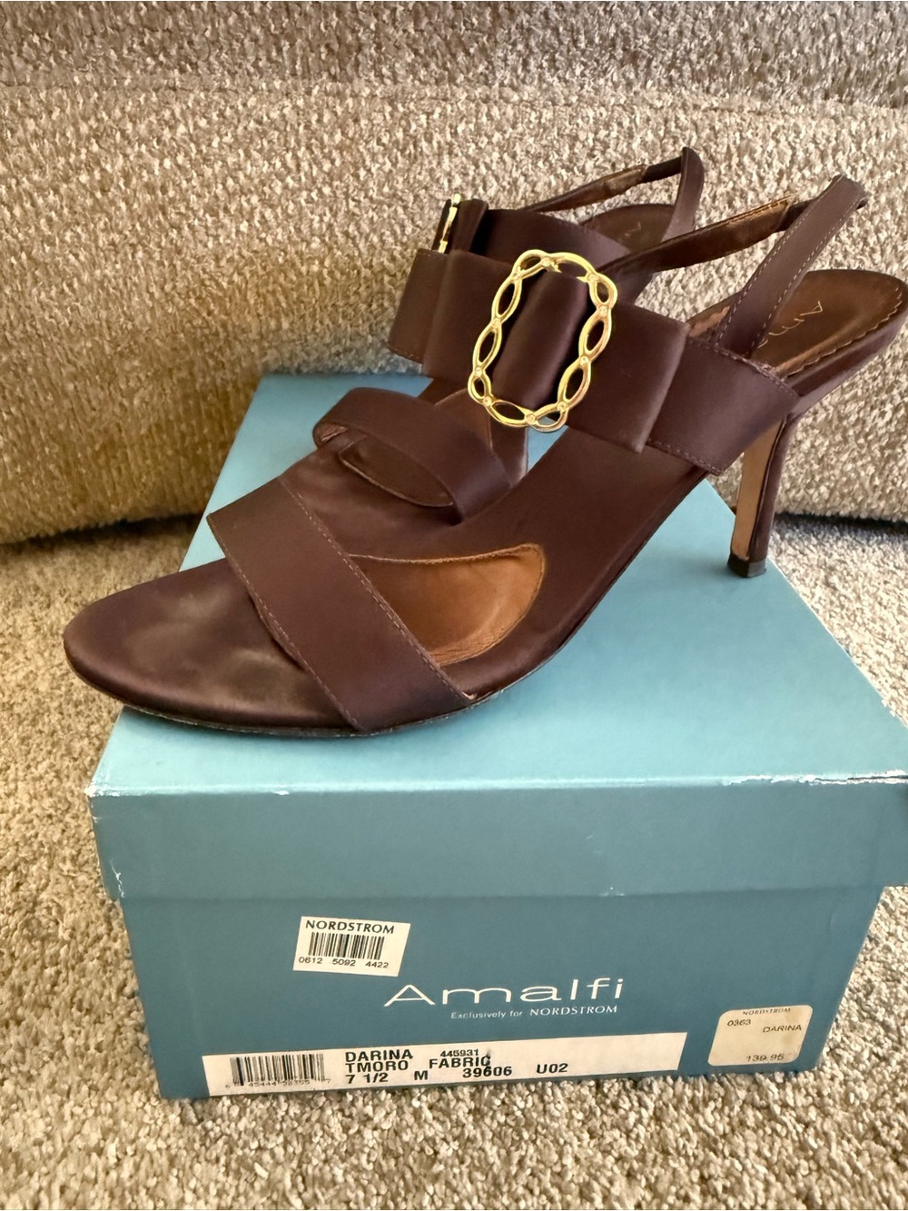 Amalfi Chocolate Brown Satin Open-Toe Heels with Gold Buckles - Picture 4 of 5